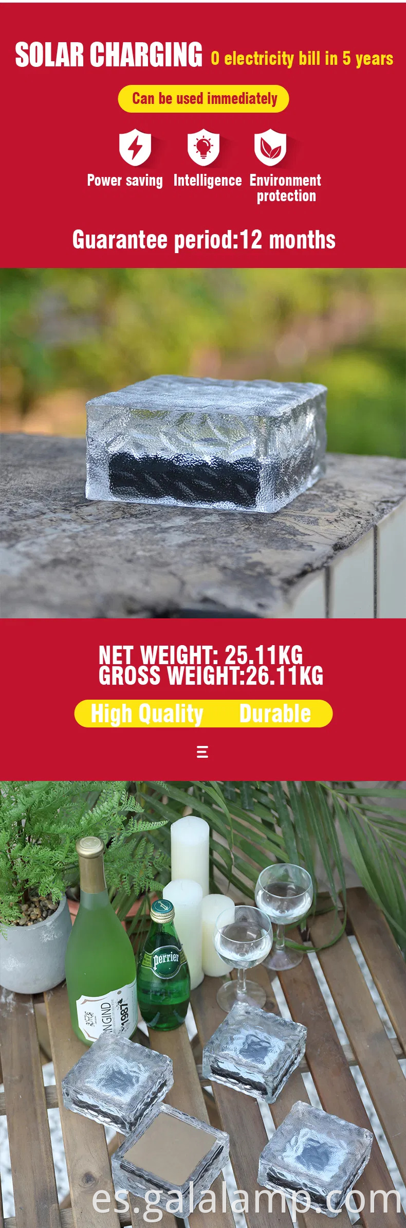 Luces LED de vidrio de cristal con energía solar para espacios al aire libre